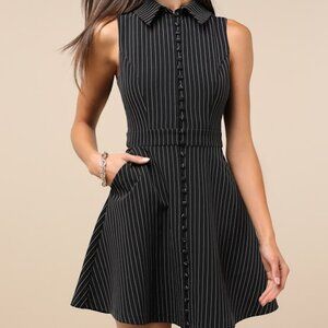 Lulus Totally Poised Black Pinstriped Collared Mini Dress With Pockets - Size M